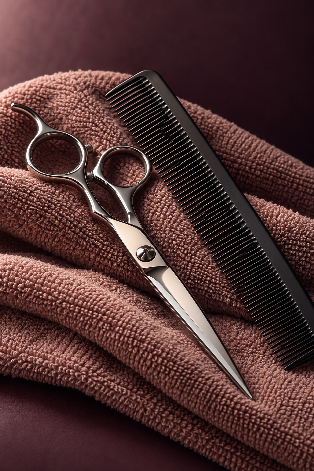 Illustrative still life of barber scissors and a comb on a rose towel